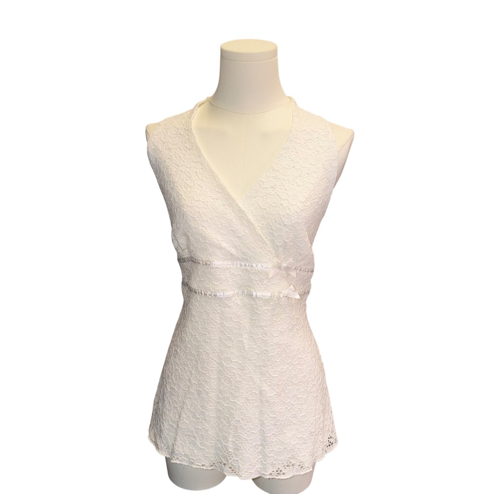 White Lace Sleeveless Wrap Top Empire Waist Satin Bows Large